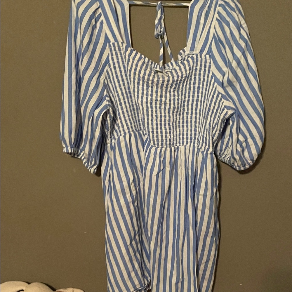 Ava & Viv Blue and White Striped Puff Sleeve Dress